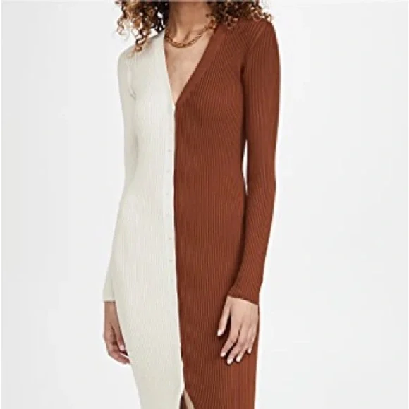 staud brown and white dress STAUD, Wylie Dress in Dark Oak Micro Stripe, Size 12 main image 1